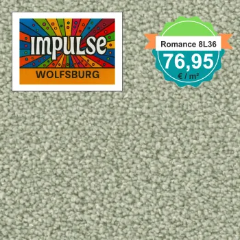 Teppichmuster mit Label „Impulse WOLFSBURG“ und Badge „Romance 8L36 – 76,95 €/m²“
